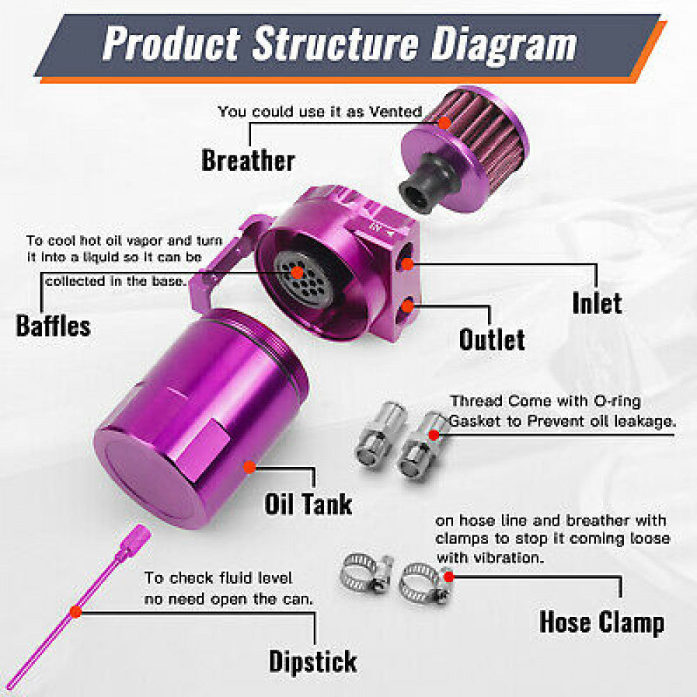 Aluminum Purple 300ML Oil Catch Can Kit Reservoir Tank Universal Breather
