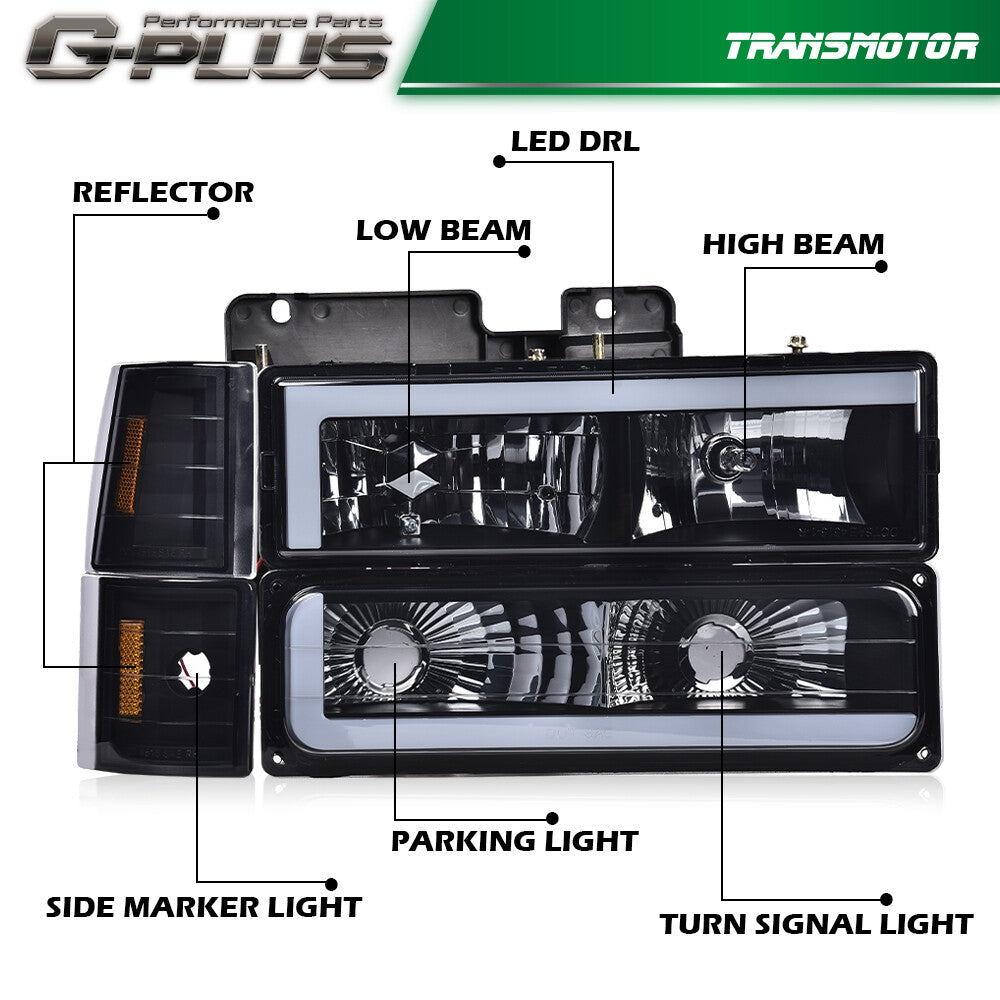 Suitable for 1988-1993 for Chevrolet C/K for GMC for Sierra Tahoe, black/smoked LED headlights.