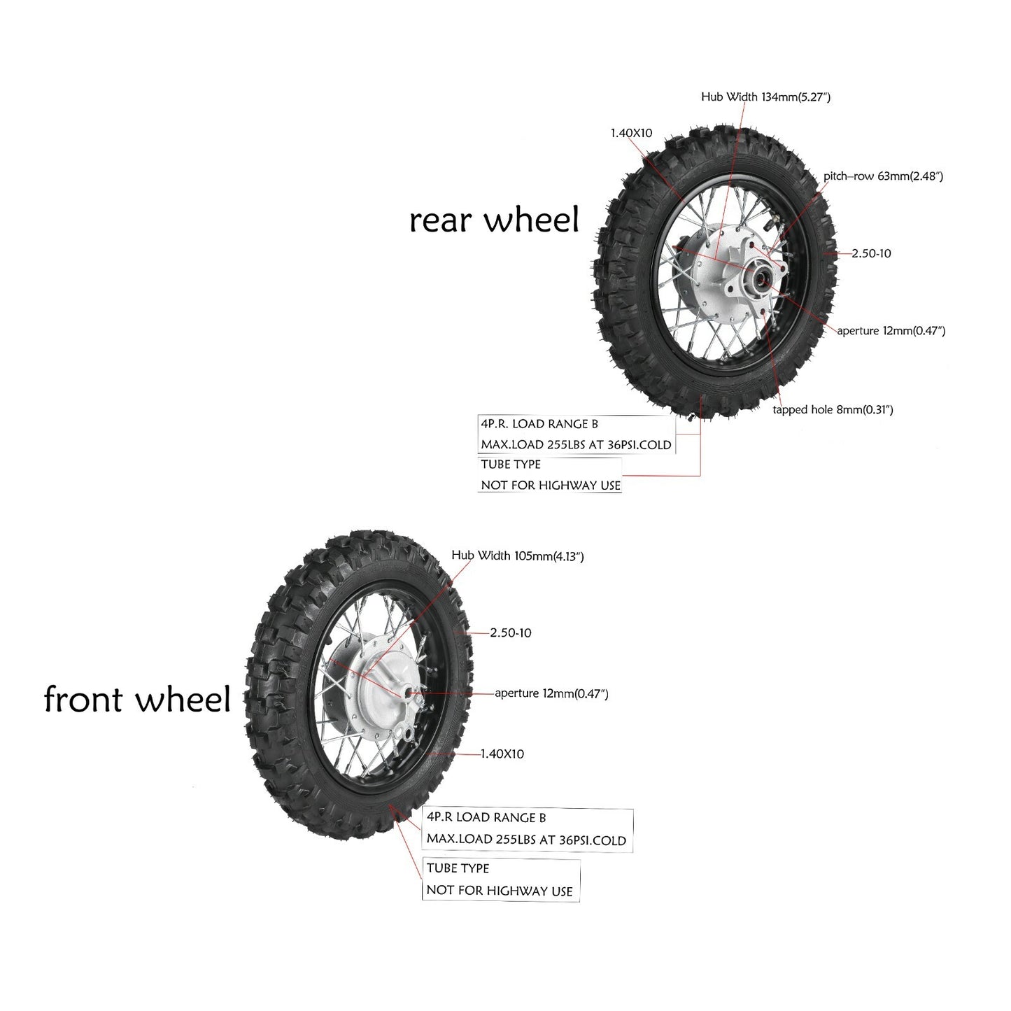 10 Front Rear Wheels 2.50-10 Tyre Rim 1.4x10 for Honda CRF50 XR50 for Yamaha TTR50