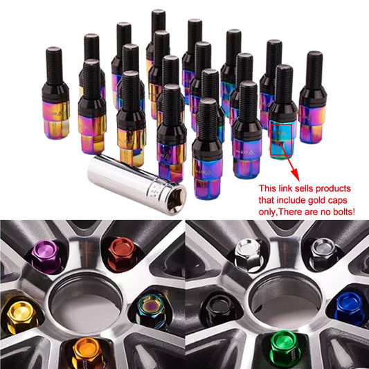 20-piece set of colored wheel lug bolts, replacement caps 28mm, suitable for most aftermarket applications.