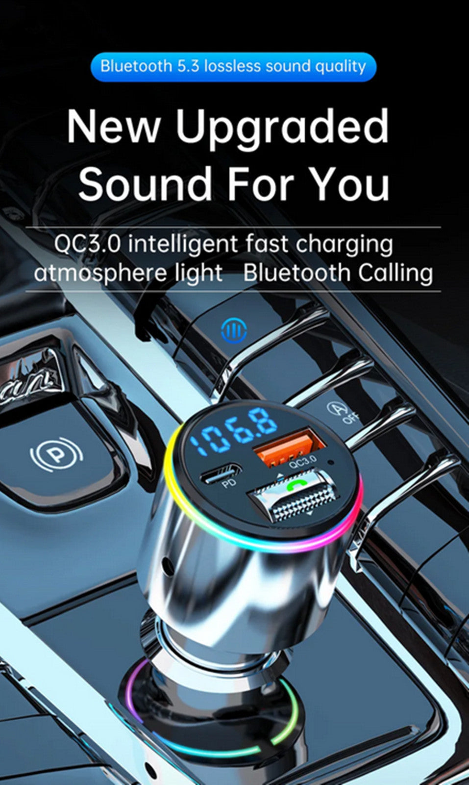 Bluetooth 5.3 FM Transmitter Car MP3 Player Stereo Adapter PD for Charger RGB Light