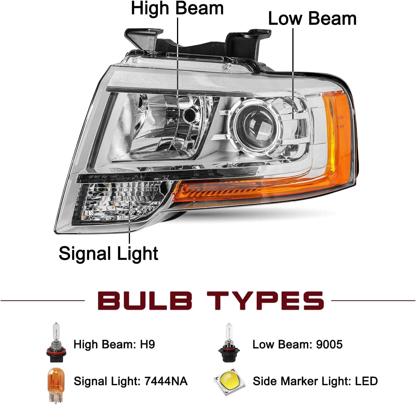 Chrome Projector Headlight Assy For 2015-2017 for Ford Expedition Left Driver Side