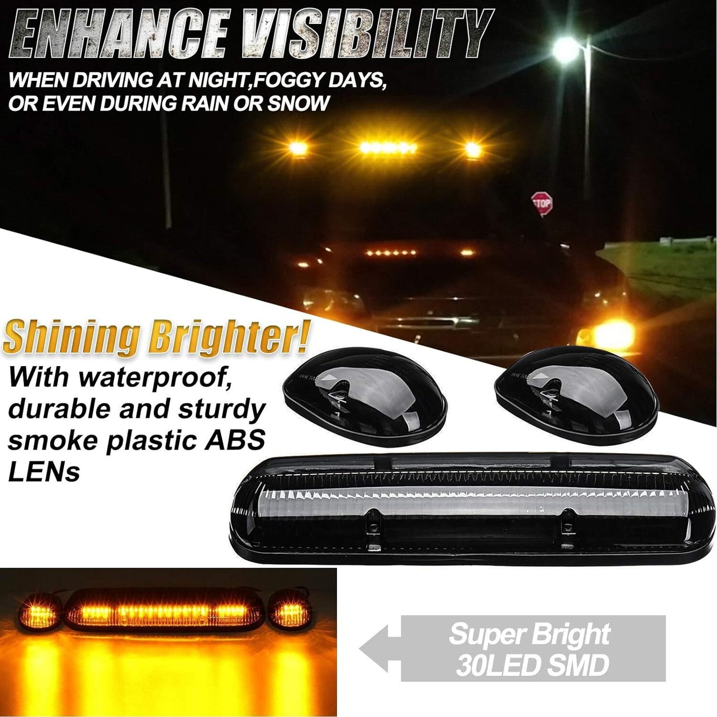 3 For 2002-2007 for Chevrolet Silverado Smoke Amber LED Cab Roof Top Marker Lights