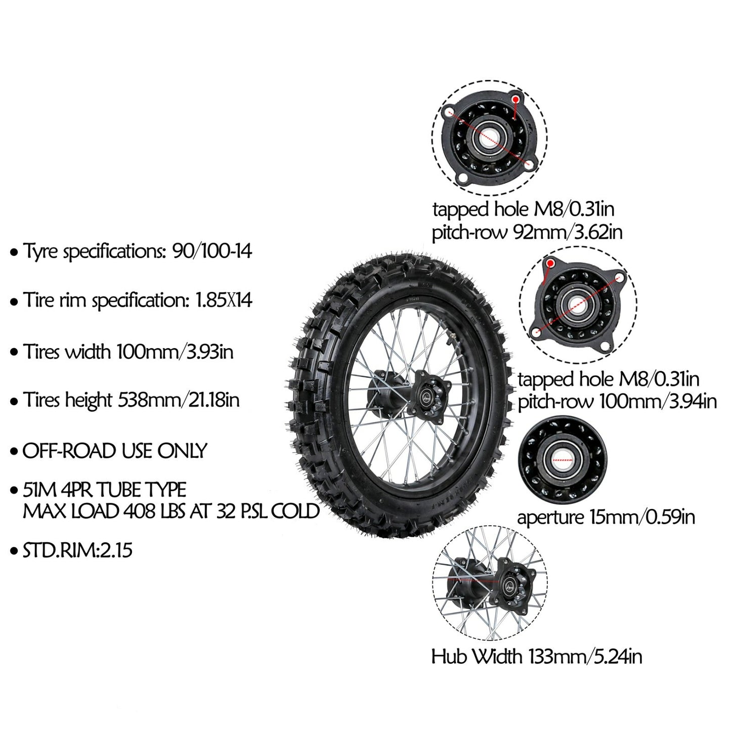 17-inch and 14-inch wheels, 70/100-17 and 90/100-14 tires and rims, Taodao 110cc, 125cc, and 140cc pit bikes.