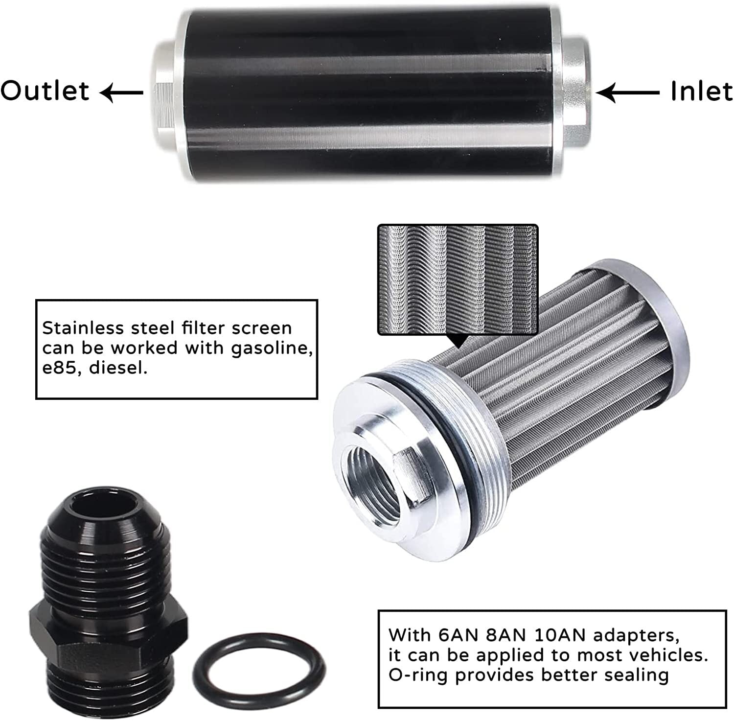 50mm straight-through fuel filter 6AN 8AN 10AN adapter 100 micron cleanable fuel filter