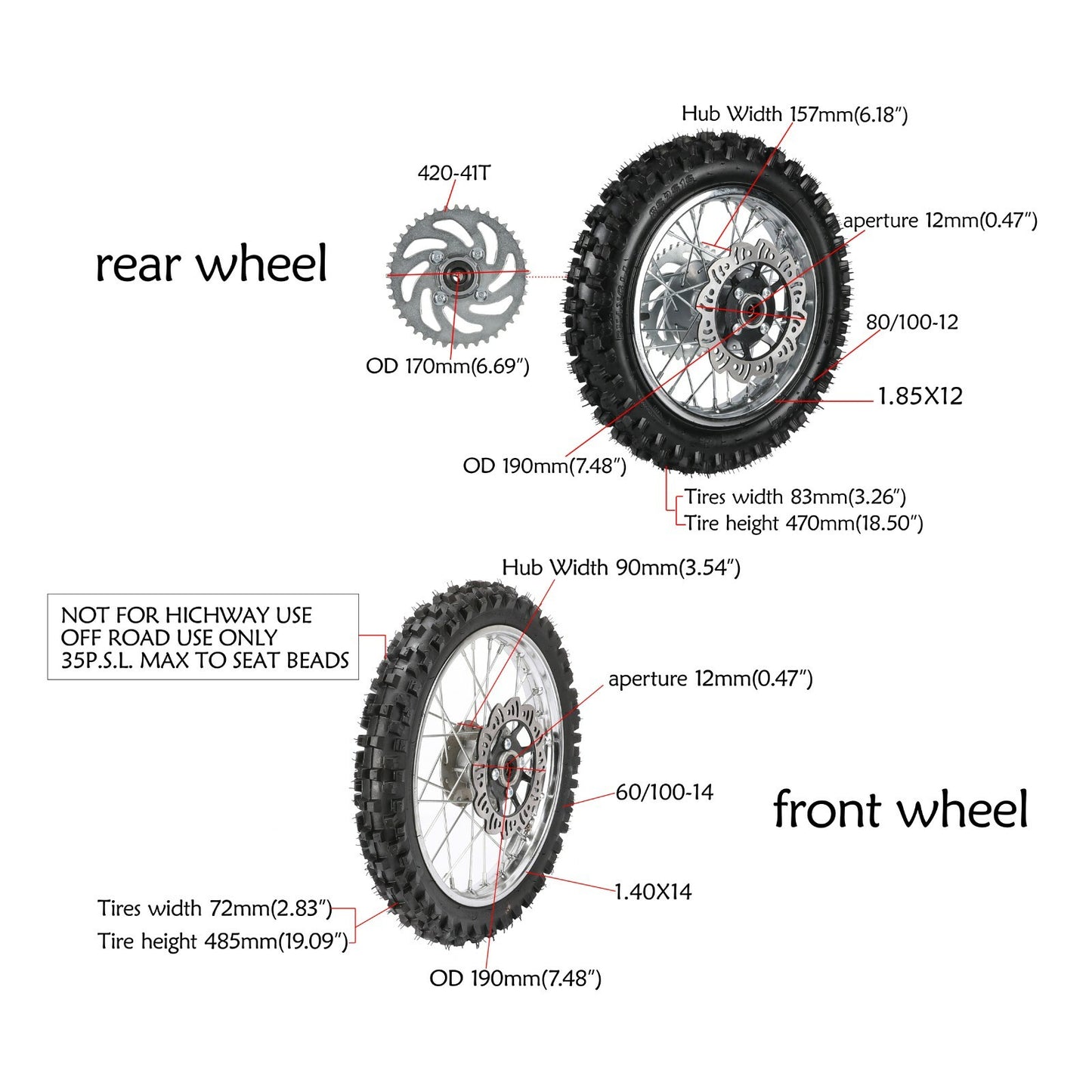Front 60/100-14 + Rear 80/100-12 tires and rims (Fo), disc brakes (CRF50 XR70 PW80-).