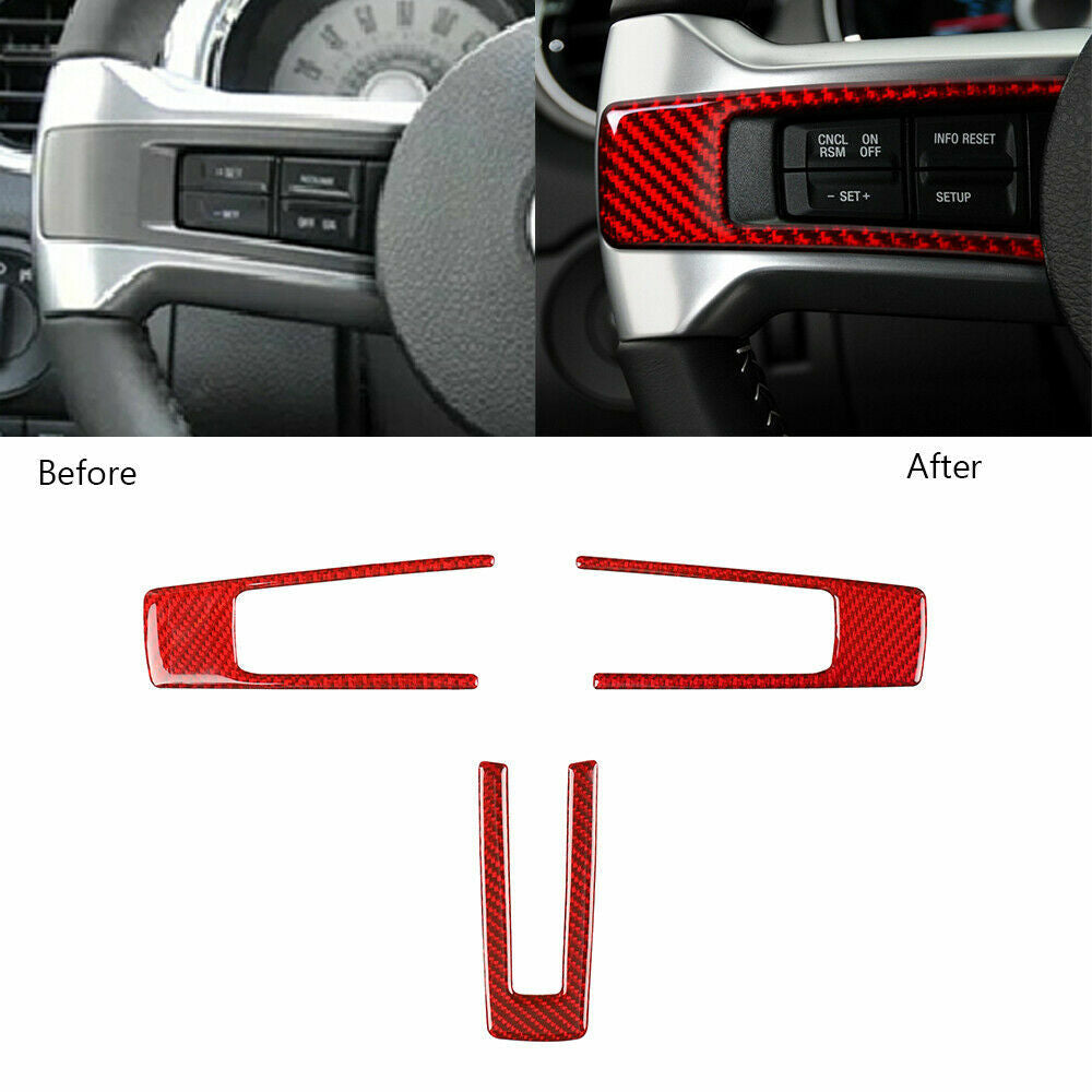3Pcs Red Carbon Fiber Steering Wheel Panel Cover Fit for Ford for Mustang 2009-2013