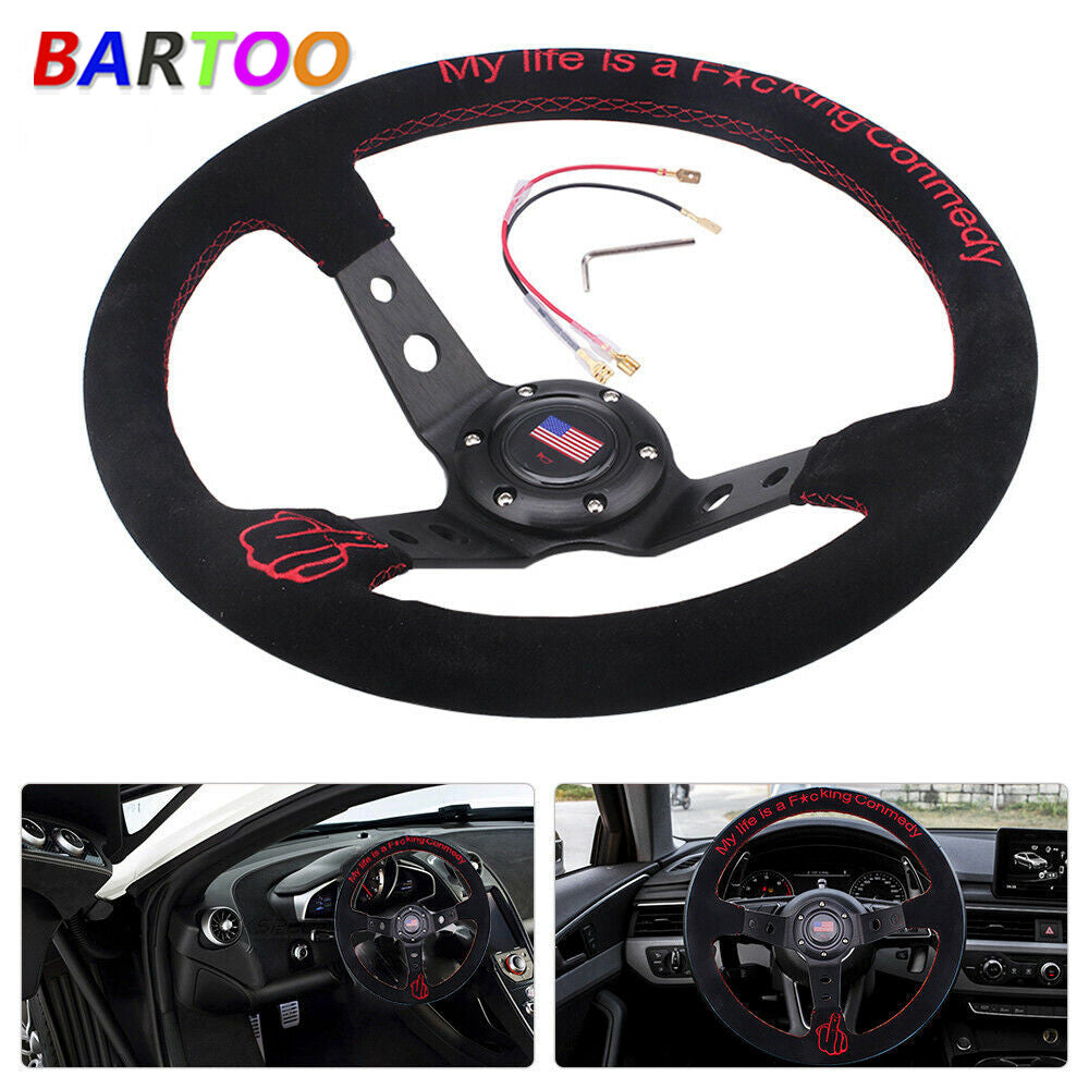 14 Suede Leather Steering Wheel Red Embroidery Deep Dish 95mm Drifting