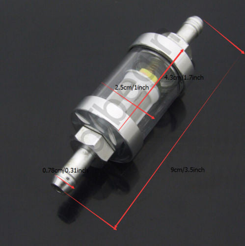 Chrome 5/16 inch 8 mm straight exhaust gas fuel filter, universal, reusable, washable for motorcycles.