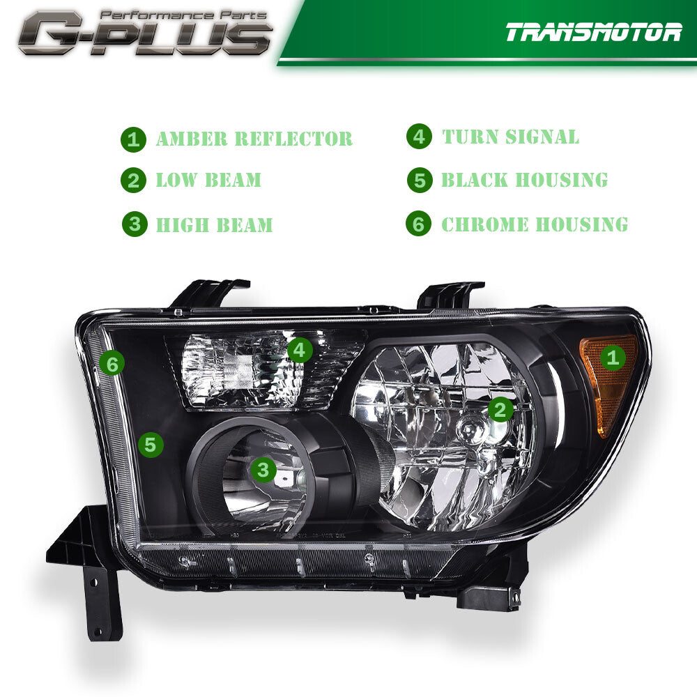 Black chrome headlights (LH+RH) suitable for Toyota 2007-2013 Tundra and 2008-2017 Sequoia.