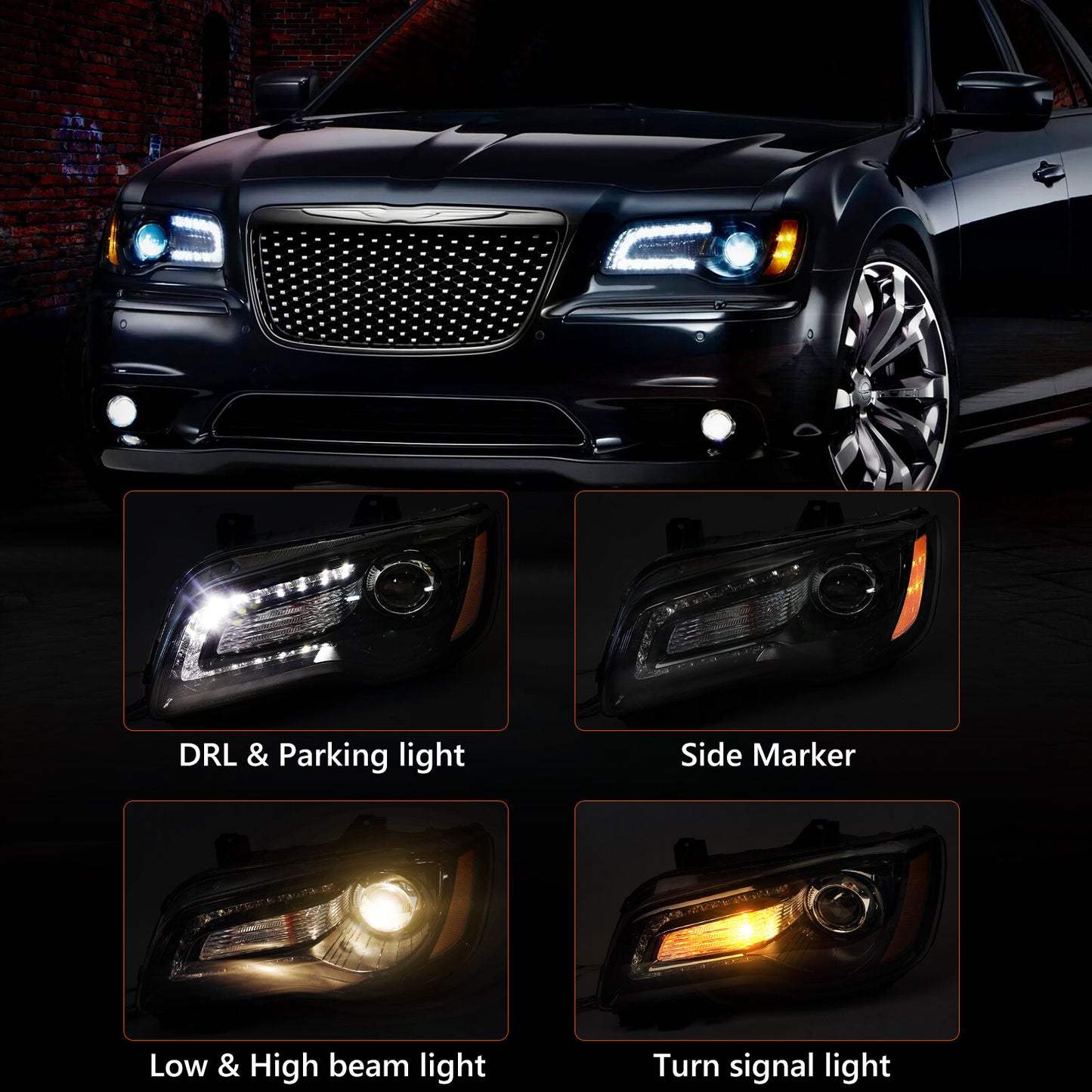 For 2011-2014 for Chrysler 300 Black Halogen LED DRL Headlight Headlamp Driver Left