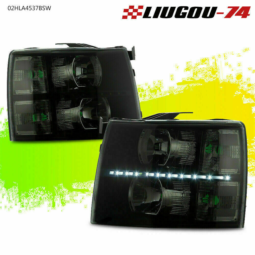Suitable for 07-14 Silverado LED DRL strip headlights/lights with black housings and smoke lenses (USA)