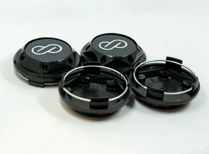 4-piece set of 68mm Enkei rim caps, hub center caps, hub logos, black carbon fiber.