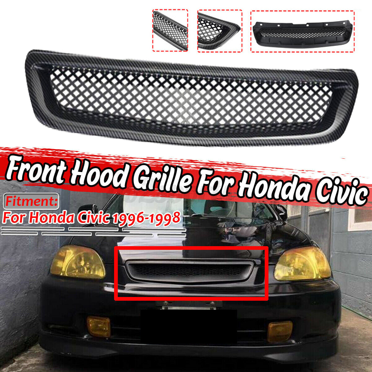 Mesh front grille, BBQ grille, ABS, carbon fiber, suitable for 96-98 for Honda for Civic EK JDM CX DX