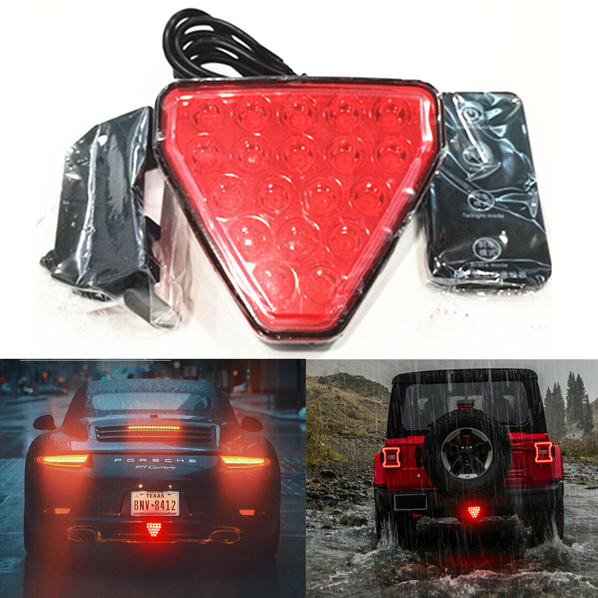 Car Triangle Rear Bumper Tail Third Brake Light 19LED Waterproof Remote Control