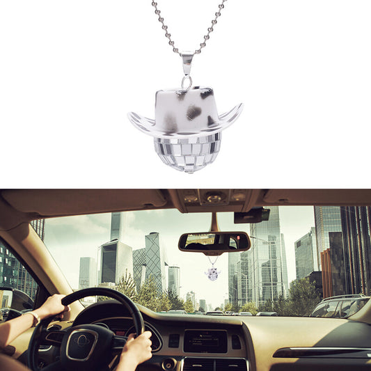Cowboy Hat Disco Ball Car Ornamen Rearview Mirror Hanging Acessory Cow White