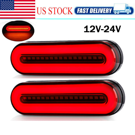 2PC Red Amber Oval 5 LED Truck Trailer Stop Turn Tail Brake Lights DRL Flowing