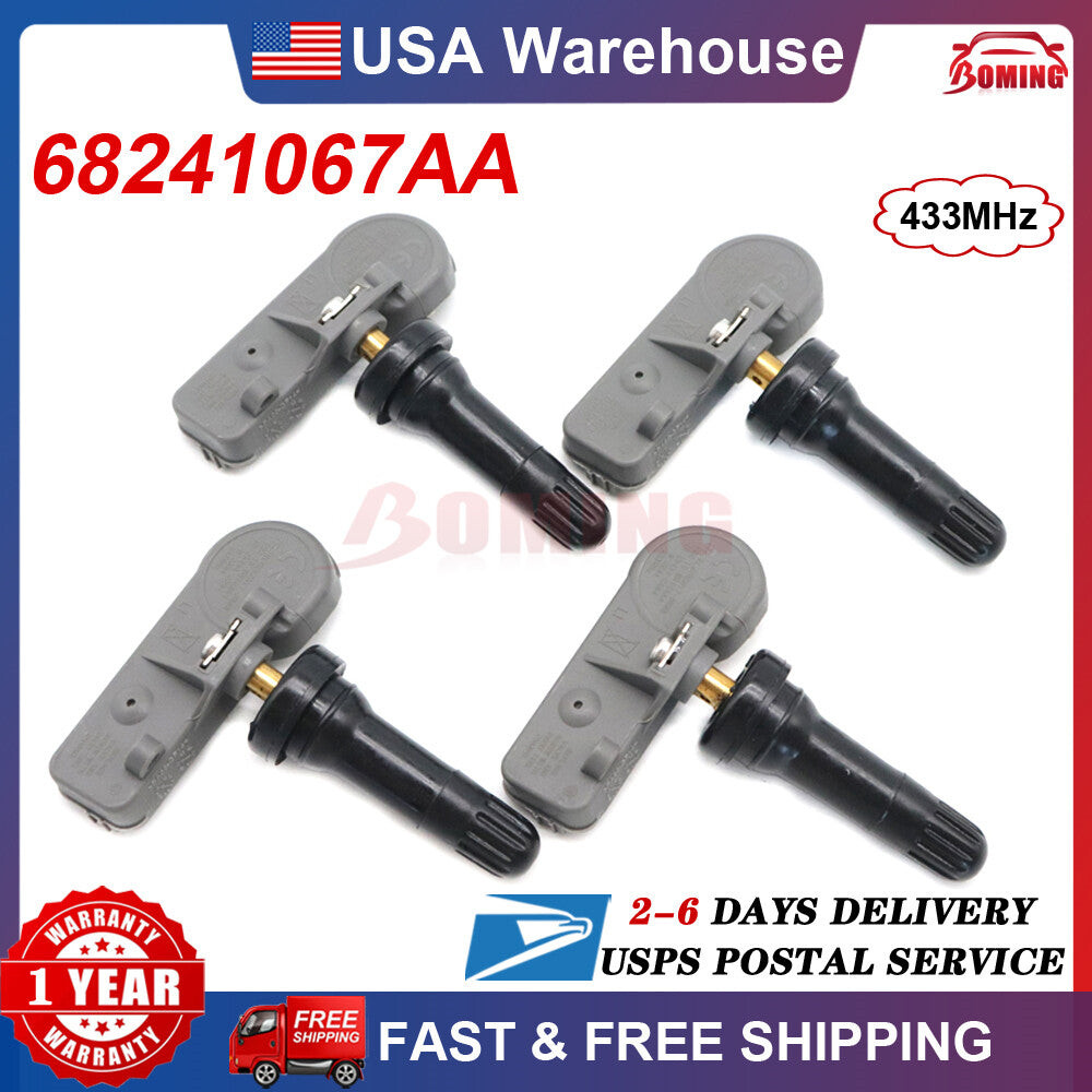 68241067AA and 68406537AA are 4-piece TPMS tire pressure sensors suitable for Jeep , for Chrysler , for Dodge , and for Ram vehicles.