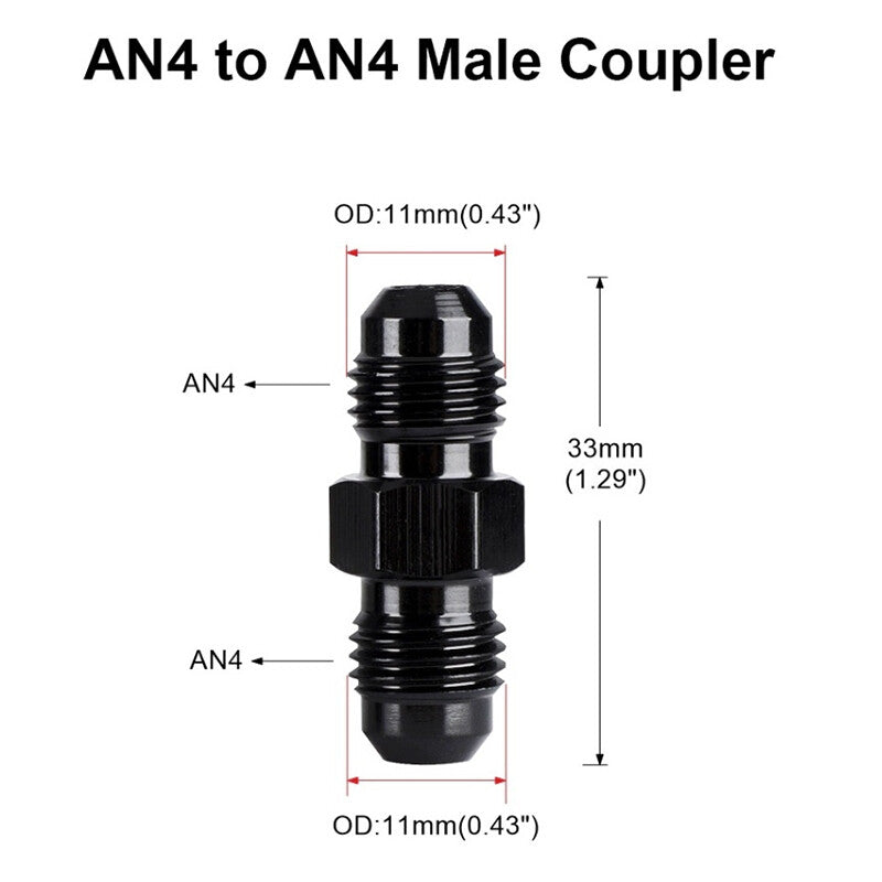 2Pcs 4AN to 4AN Male Flare Coupler Union Straight Fuel Hose Adapter Fitting Blk