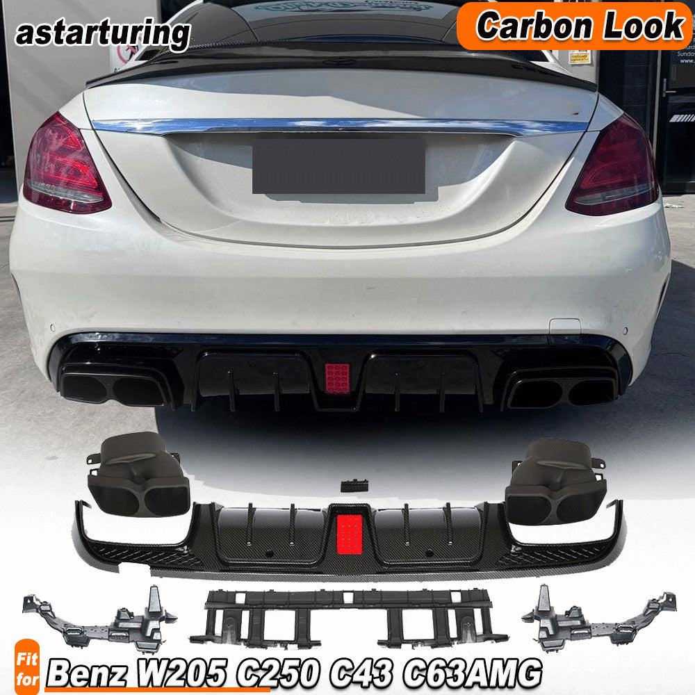 Carbon Look Rear Bumper Diffuser Exhaust Tip for Benz W205 C250 C43 C63 14-21