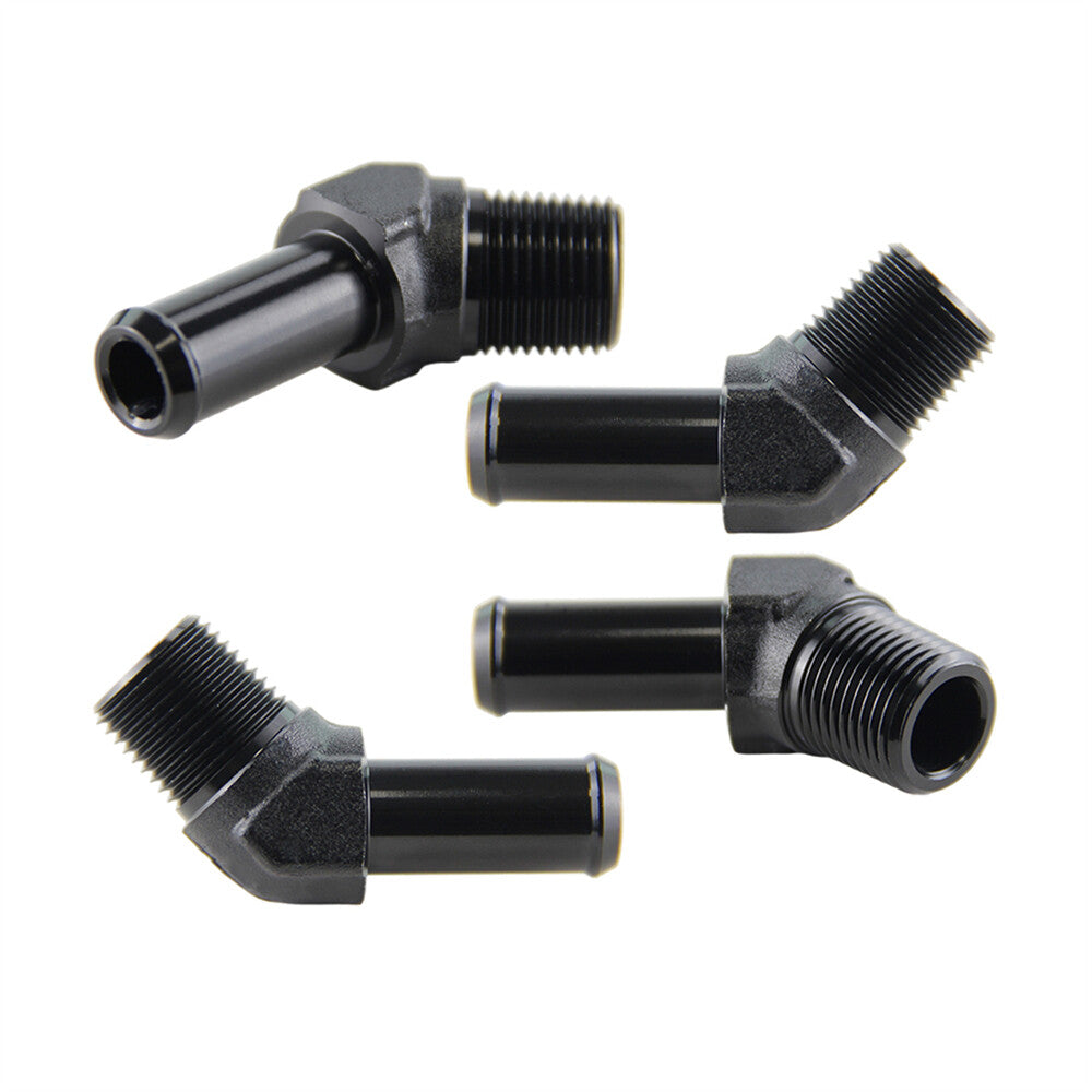 4PCS Aluminum AN8 3/8 NPT Male to 1/2 Hose Barb 45 Degree Adapter Fitting Black