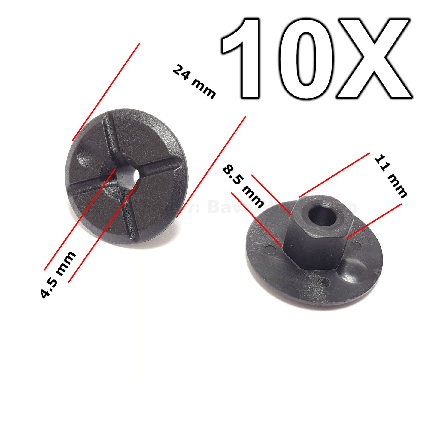 10-piece plastic unthreaded nylon nuts, 4mm hole, 24mm collar for Mercedes , for BMW