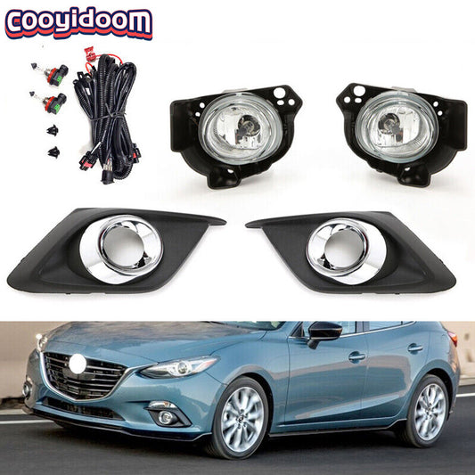 pair of clear lens fog light kits with bezels, wires, and switches 2014-2016 for Mazda 3.