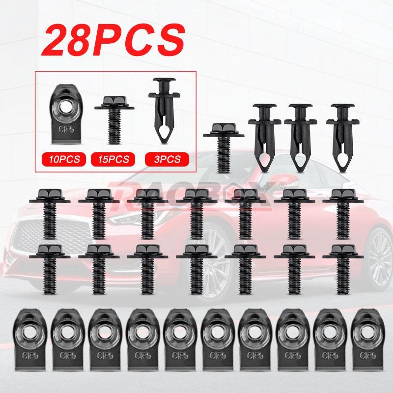 28pc Car Engine Cover Splash Shield Bolts Screws U-Nut Fender Bumper Clips Rivet