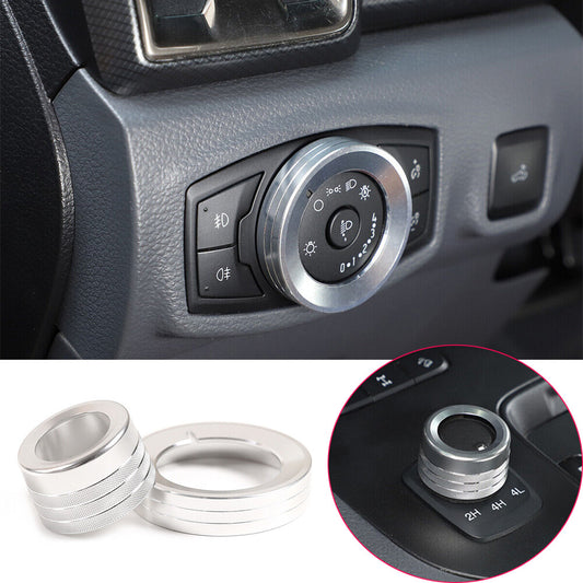Silver Headlight Switch 4WD Four-wheel Drive Knob Trim for Ford Ranger 2015-21