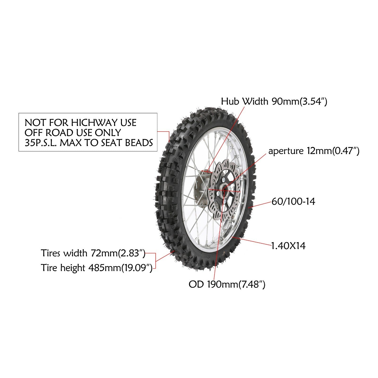 Front 60/100-14 + Rear 80/100-12 tires and rims (Fo), disc brakes (CRF50 XR70 PW80-).