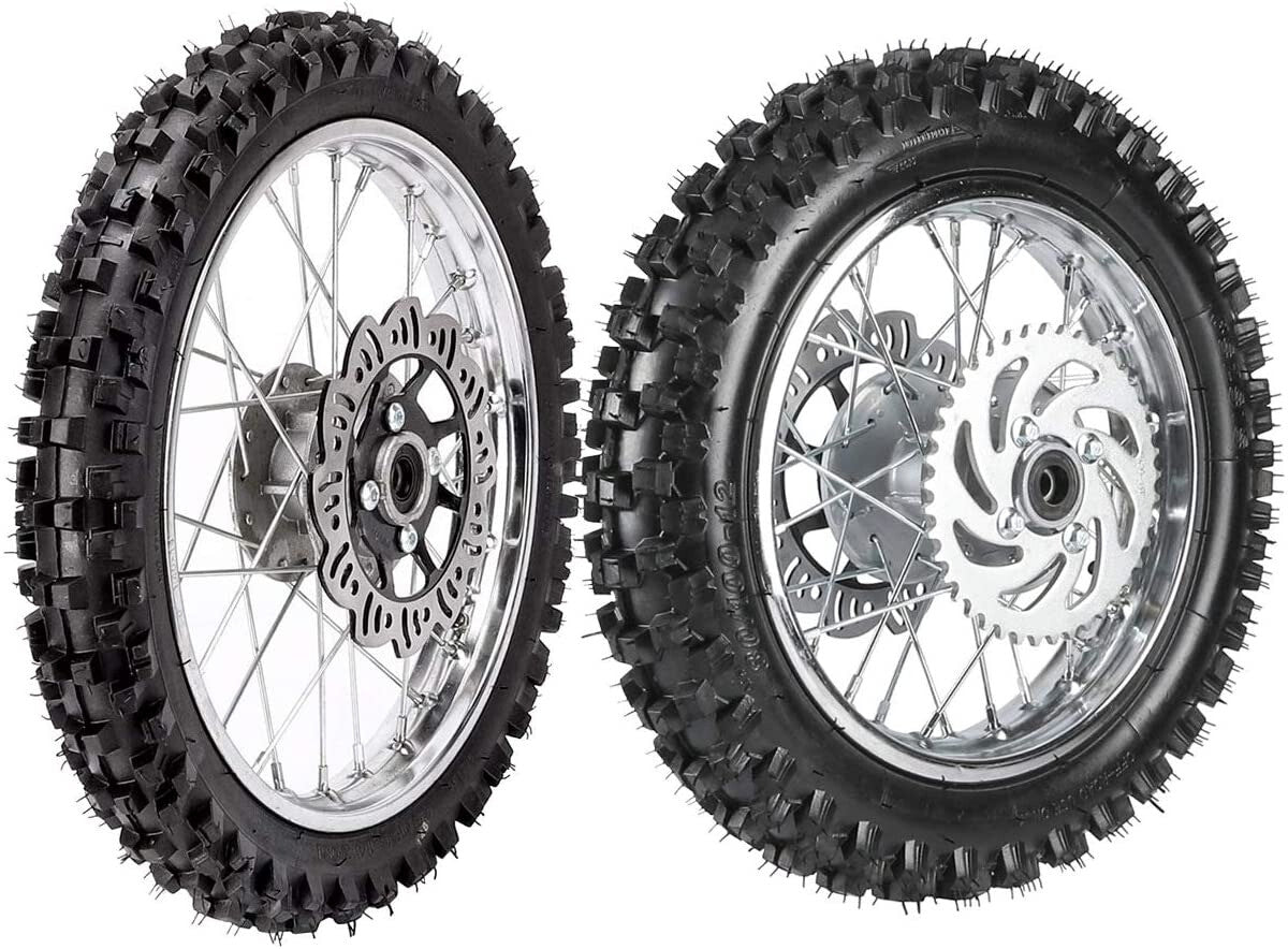 Front 60/100-14 + Rear 80/100-12 tires and rims (Fo), disc brakes (CRF50 XR70 PW80-).