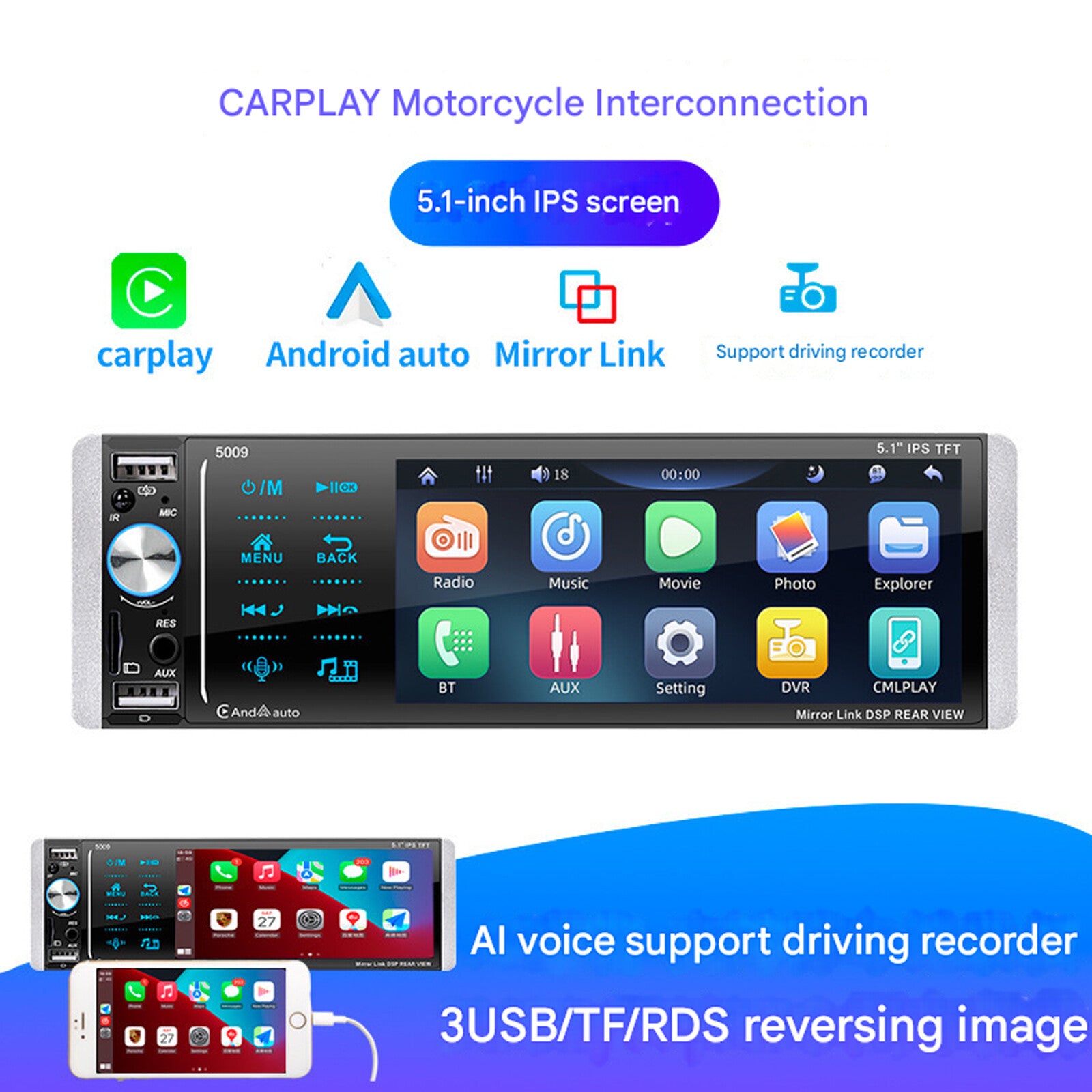 5.1-inch 1DIN Car Radio MP3 USB AUX AM/FM Digital Media Stereo Receiver Mirror Link