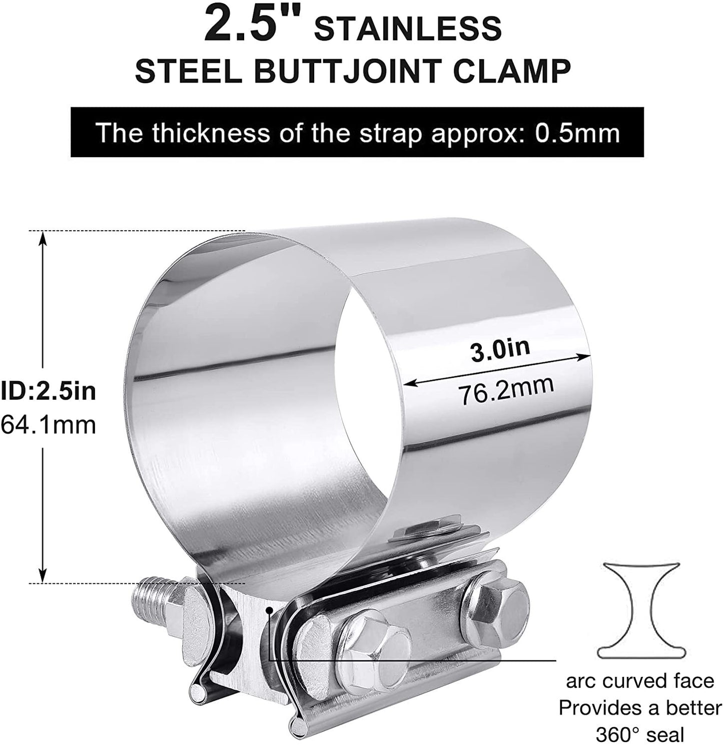 2.5-inch 2 1/2 Butt Combined Exhaust Clamp with Coupling Sleeve, Stainless Steel, 2-Piece Set