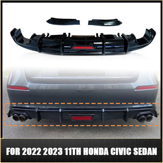 For 11th for Honda for Civic Sedan 22-23 Carbon Rear Body Lip Diffuser Splitter W/LED