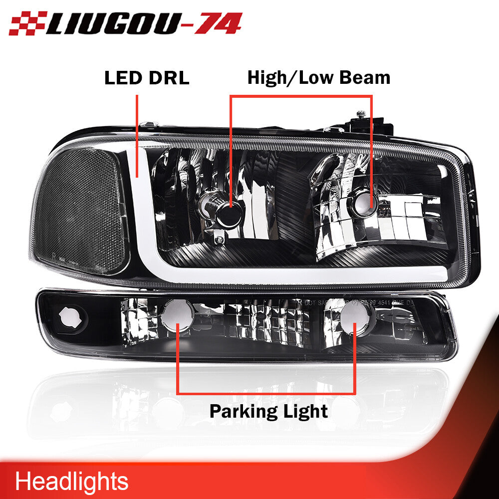 Suitable for 1999-2007 for GMC for Sierra for Yukon LED DRL headlights with turn signals, black/clear.