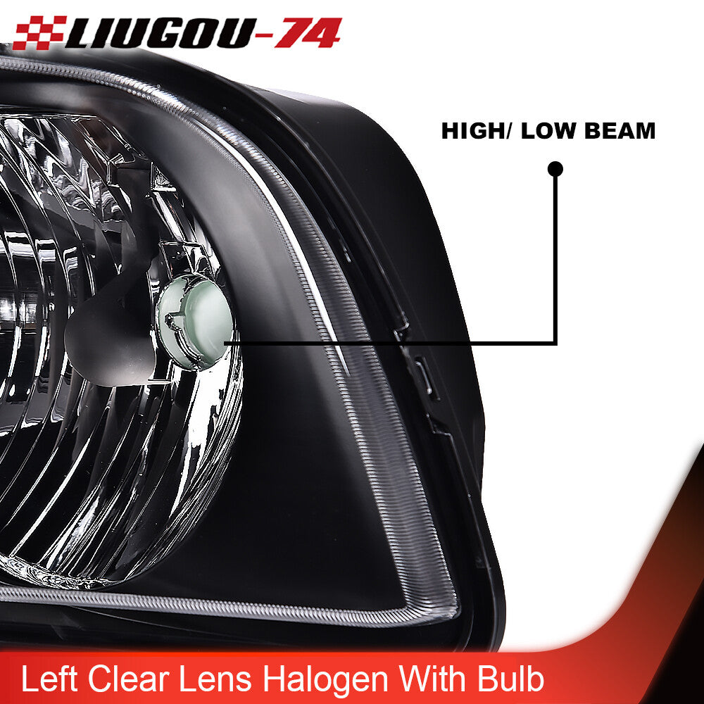 Suitable for 05-09 for Ford for Mustang left headlight with transparent lens, black housing, and bulb.
