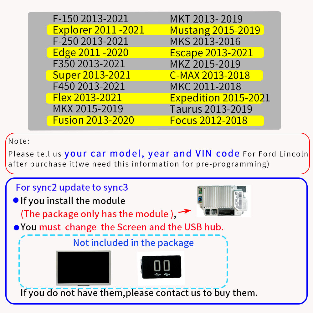 SYNC 2 to SYNC 3 Upgrade Kit APIM Module Carplay Android Auto for Ford for Lincoln