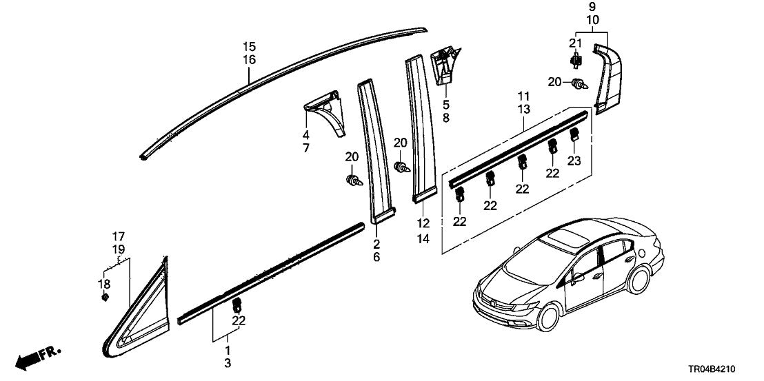 Roof molding trim for 2012-2015 for Honda for Civic (left) 74316-TR0-A01