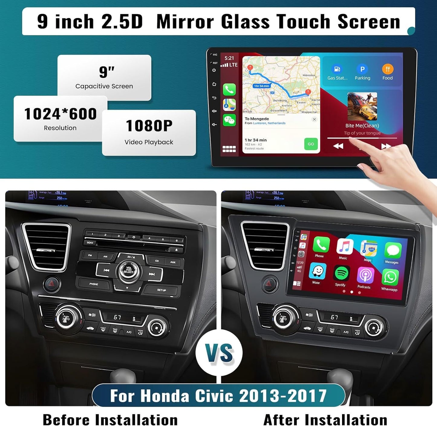 9 for Honda for Civic 2013-17 Android 13.0 Apple Carplay Car Radio Stereo GPS Navi