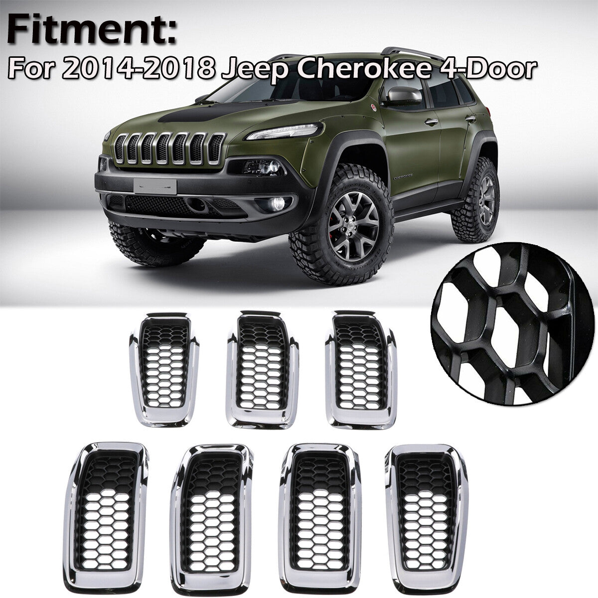 7XMesh Grille Grill Add-on for Jeep Cherokee 2014 - 2018 Chrome Black Honeycomb