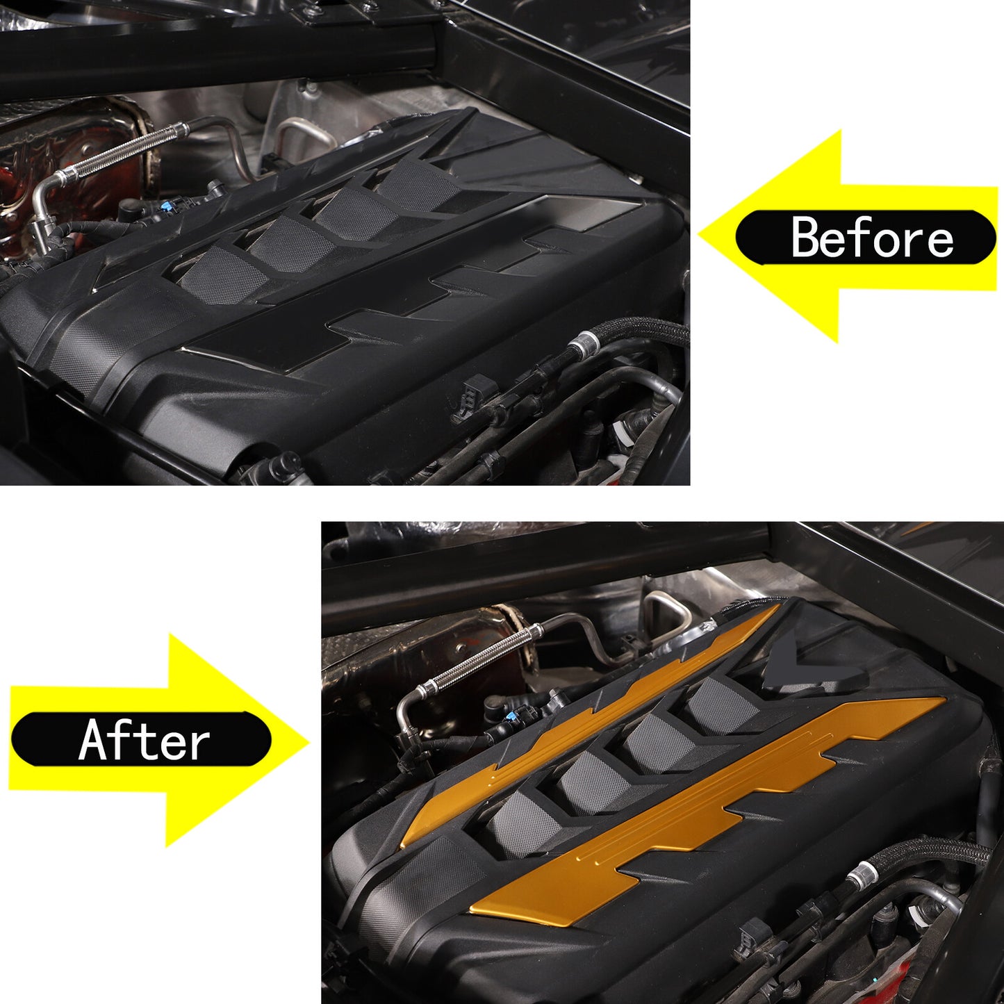 Yellow engine side panel cover trim aluminum alloy 2-piece set for Corvette C8 2020 - 2023