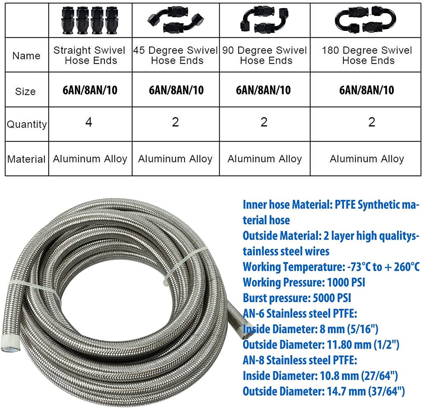 20-foot PTFE fuel line kit 6AN 3/8 inch fuel hose EFI LS E85 fuel hose fitting kit