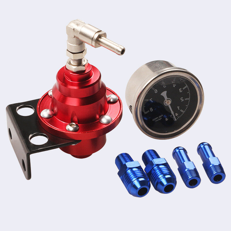 Universal adjustable fuel pressure regulator with fuel gauge and end connector