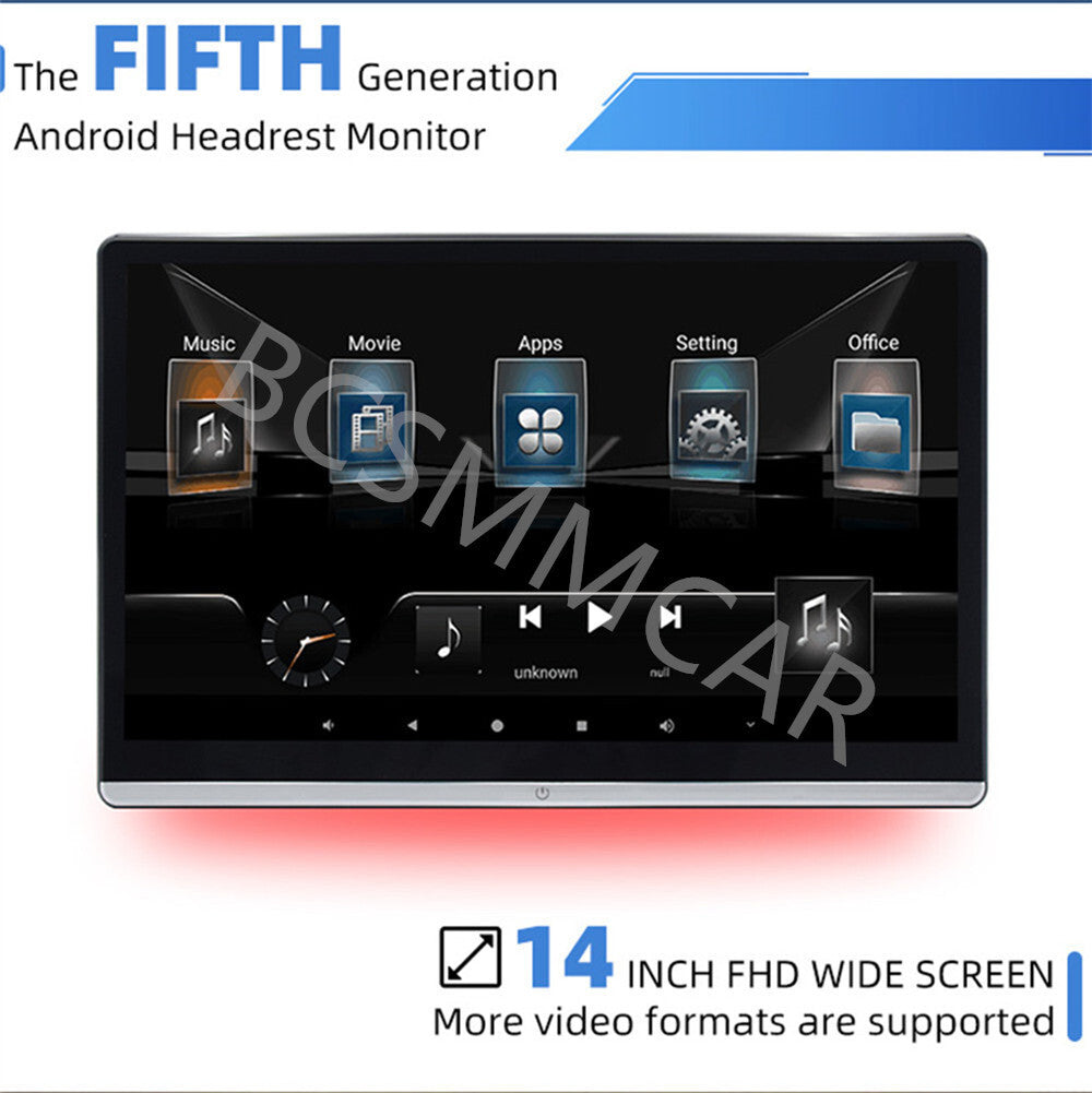 14in Android 12 Car Headrest Monitor MP5 Display Touch Screen MP5 BT WiFi HDMI