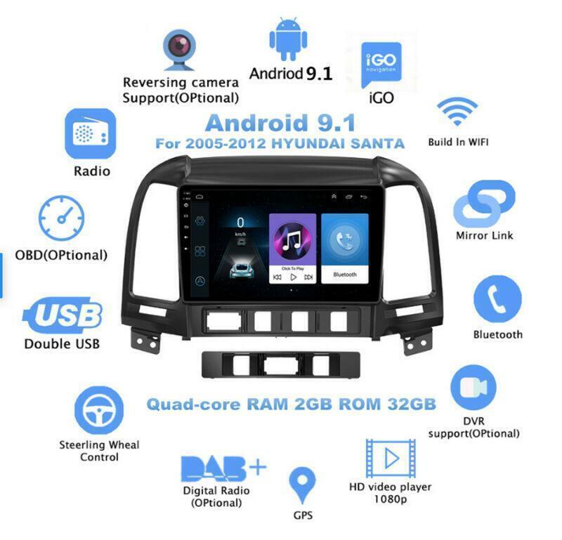 9 for Hyundai Santa Fe 05-12 Android 9.1 Touch Screen Car Stereo Radio GPS MP5