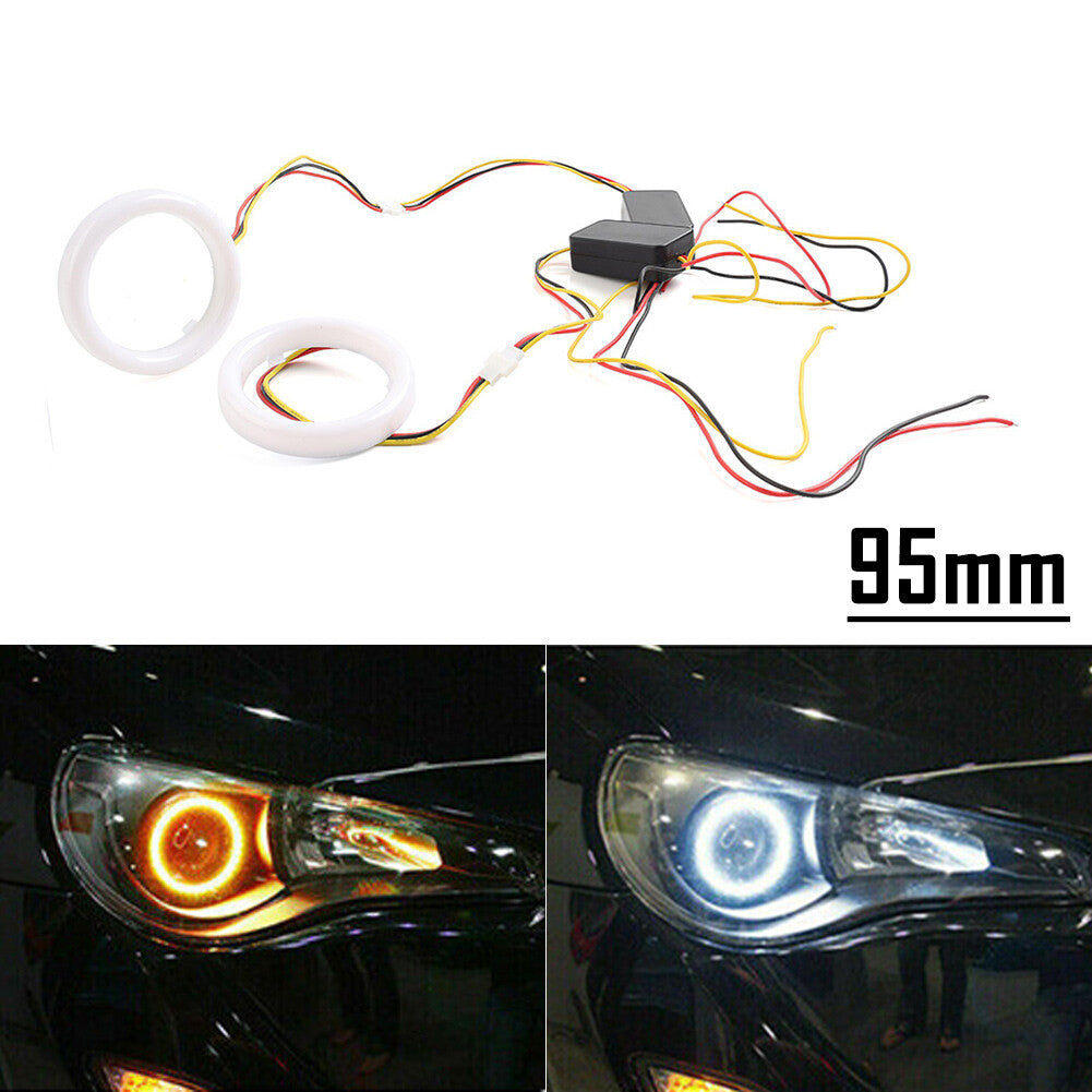 95MM White Amber Switchback LED Angel Eyes Halo Rings Car Headlight Retrofit