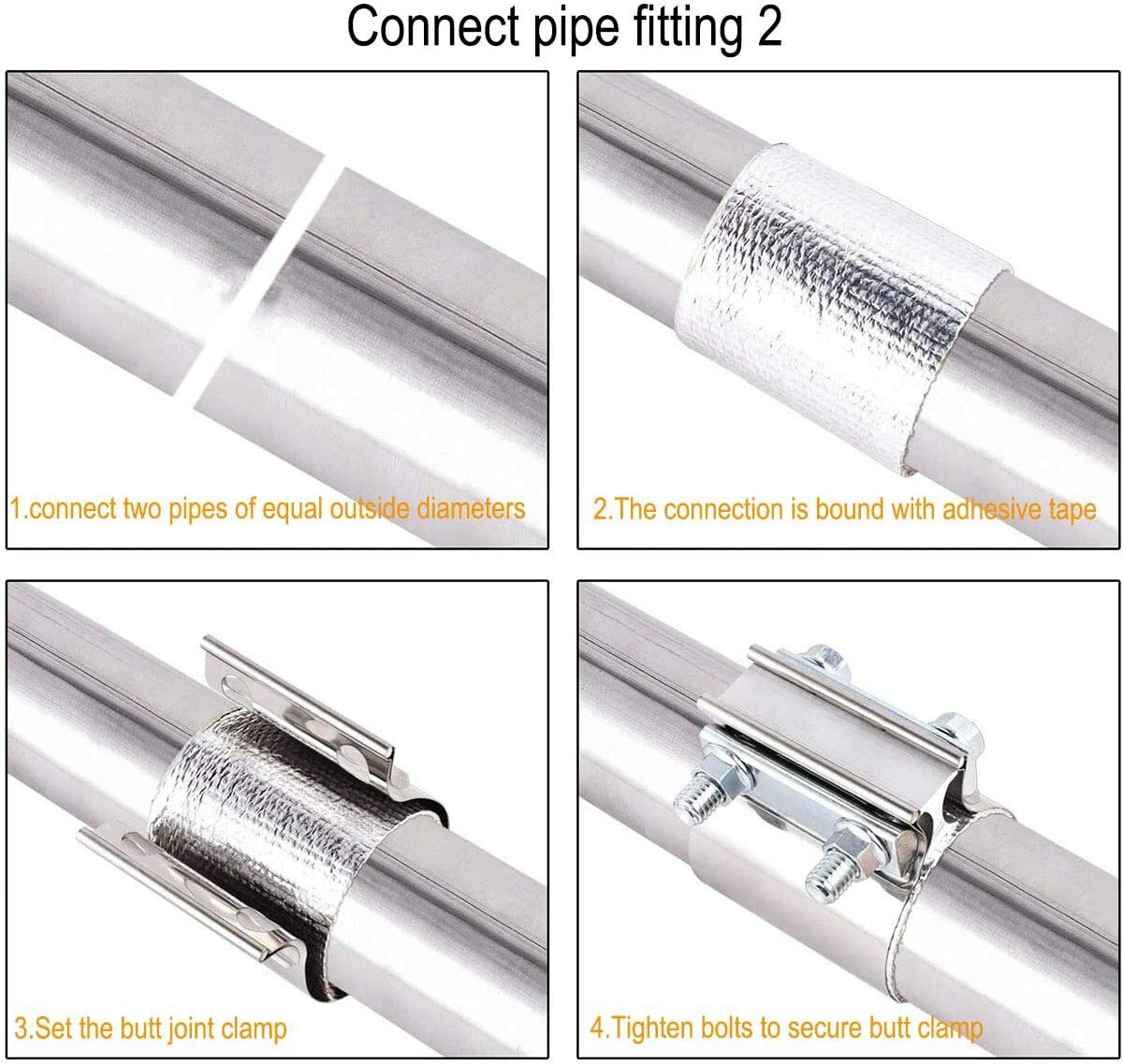 2.5-inch (2 1/2-inch) Butt Connector with Clamp, Stainless Steel, 2-Pack