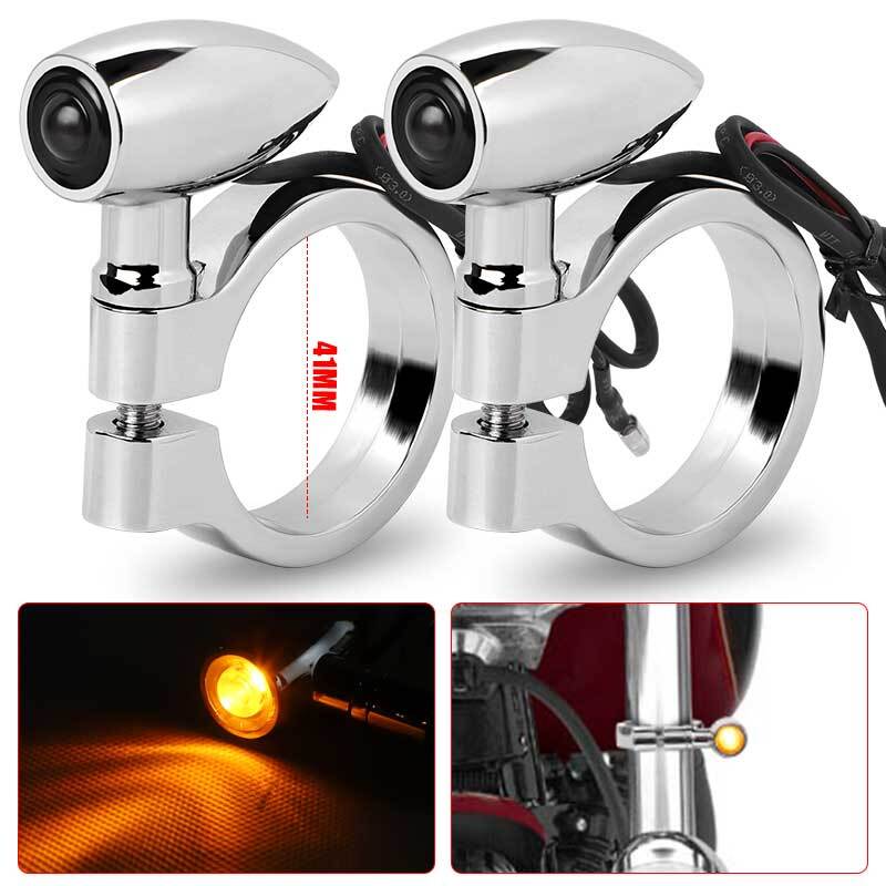 2x Chrome Motorcycle LED Turn Signal Light 41mm Front Fork Indicator Amber Lamp