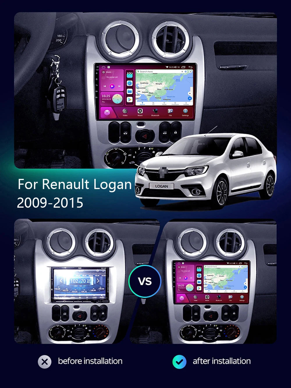 Android Auto CarPlay Car Stereo Radio for Renault Logan 2009-15 GPS Navi Screen