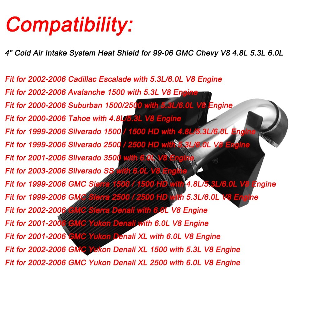New 4 Heat Shield Cold Air Intake+Filter Fit For 99-06 for Chevy V8 4.8L/5.3L/6.0L